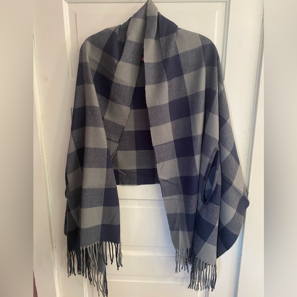 J Crew factory cape scarf, shawl wrap. Blue and gray plaid. One size. Like new.